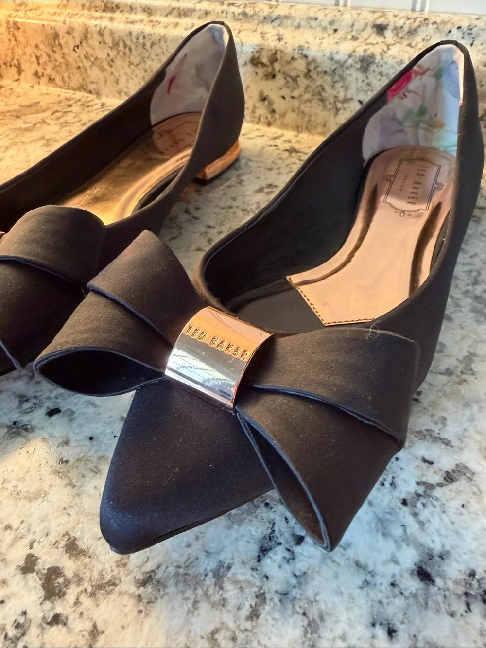 Ted Baker London Black Pointed Ballet Flats with Rose Gold Bow Accent Size 38